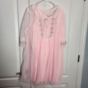 Sheer Pink Embroidered Women's Robe with Lace Trim